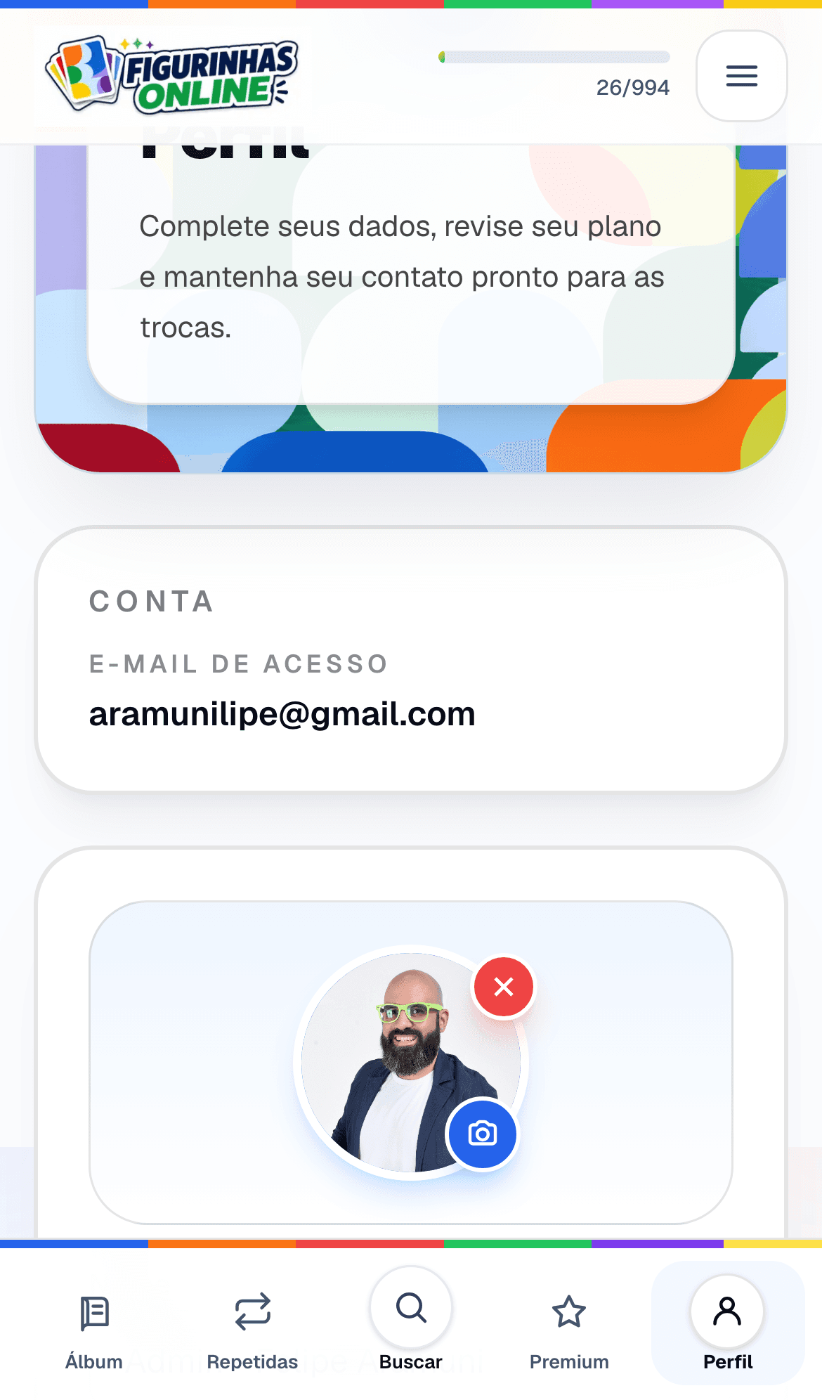 Tela real de perfil do Figurinhas Online no celular